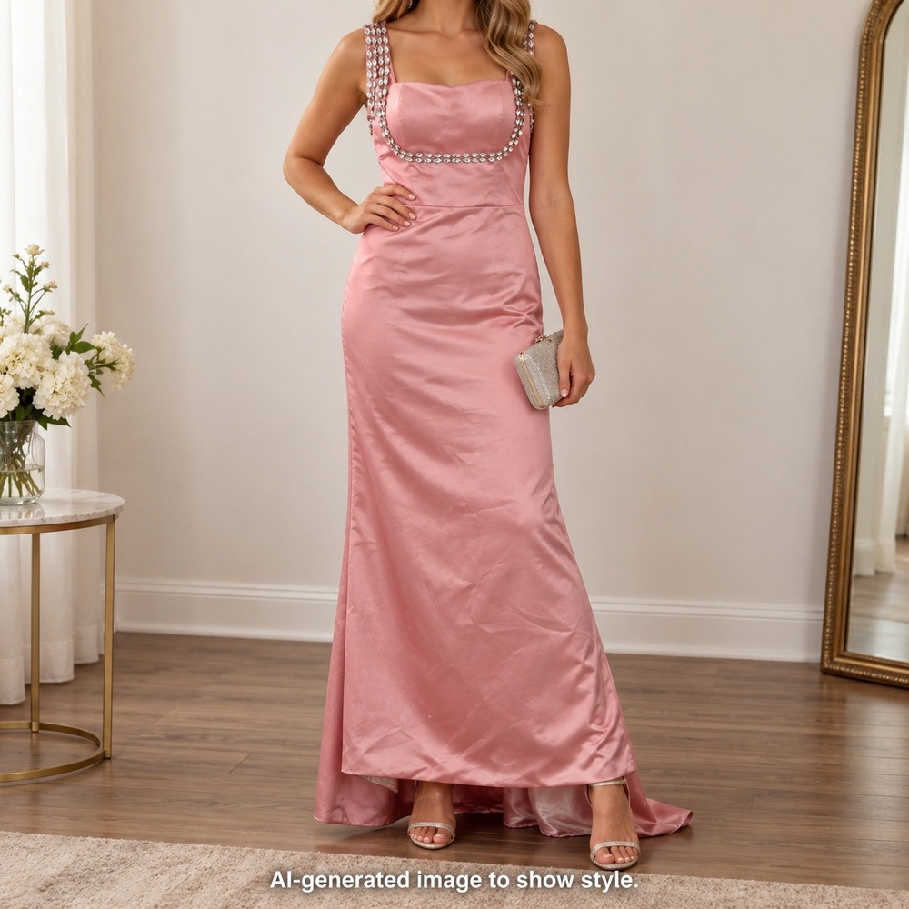 Missacc Pink Satin Rhinestone Formal Gown Prom Homecoming Wedding Guest Dress